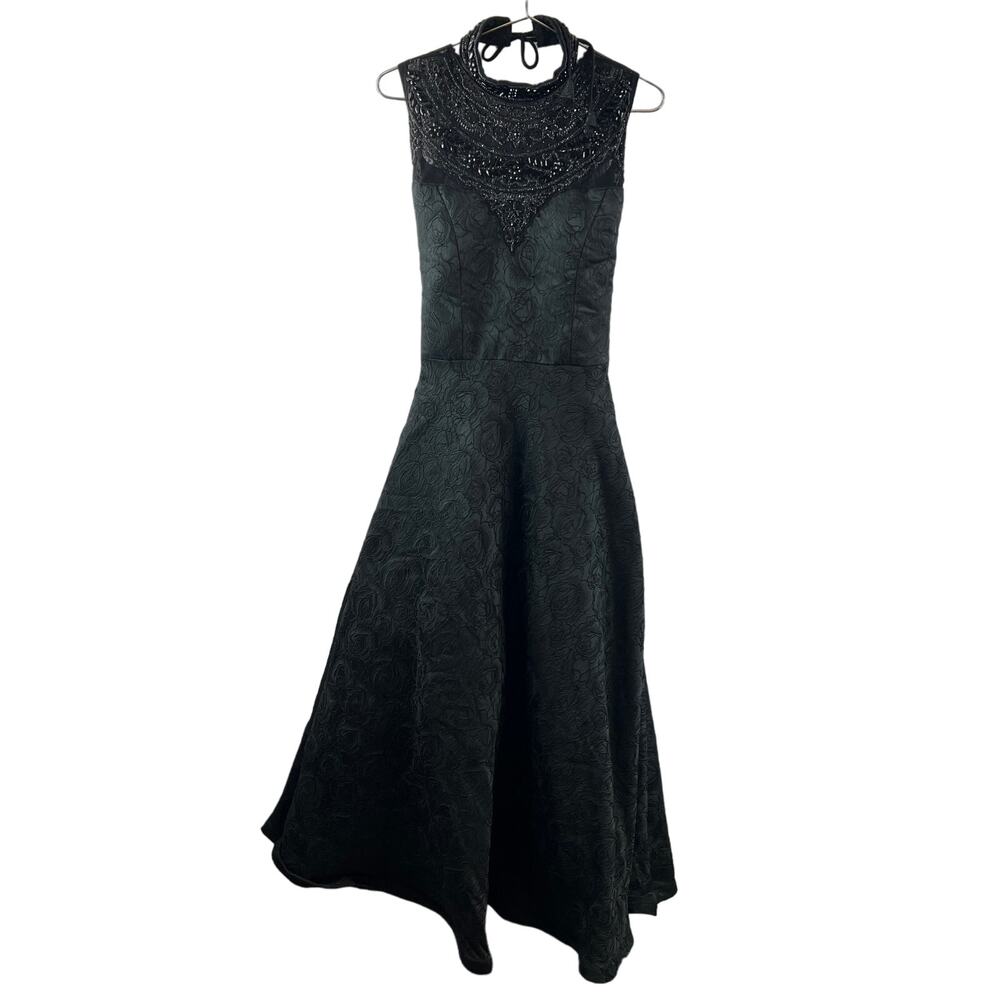 OOAK Jacquard Rose Black Sleeveless A-Line Dress Midi Beaded High Neckline